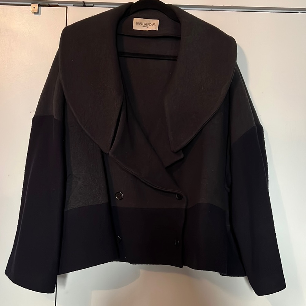 Ivan Grundahal oversized double breasted color block charcoal navy Wool Pea Coat